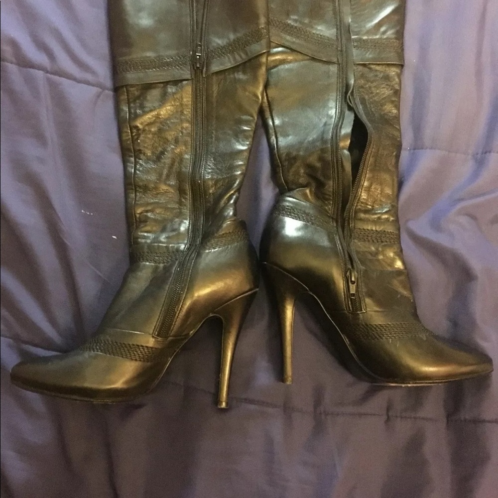 Aldo Platform Black Leather Knee High Boots